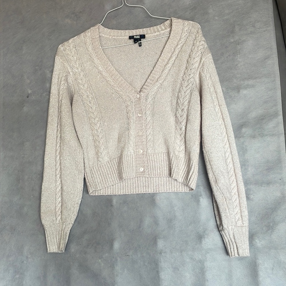 PAIGE Beige V-Neck Cable Knit Cardigan